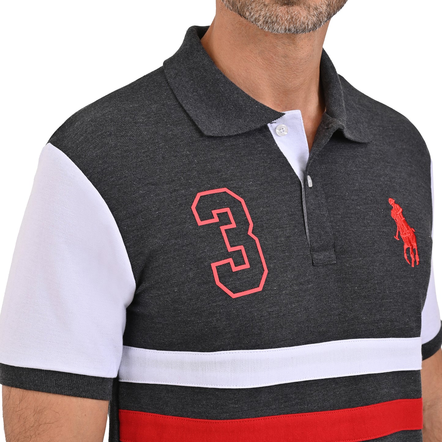 PLAYERA PIQUÉ POLO MODELAJE GRIS, BLANCO, ROJO CABALLO HPC POLO