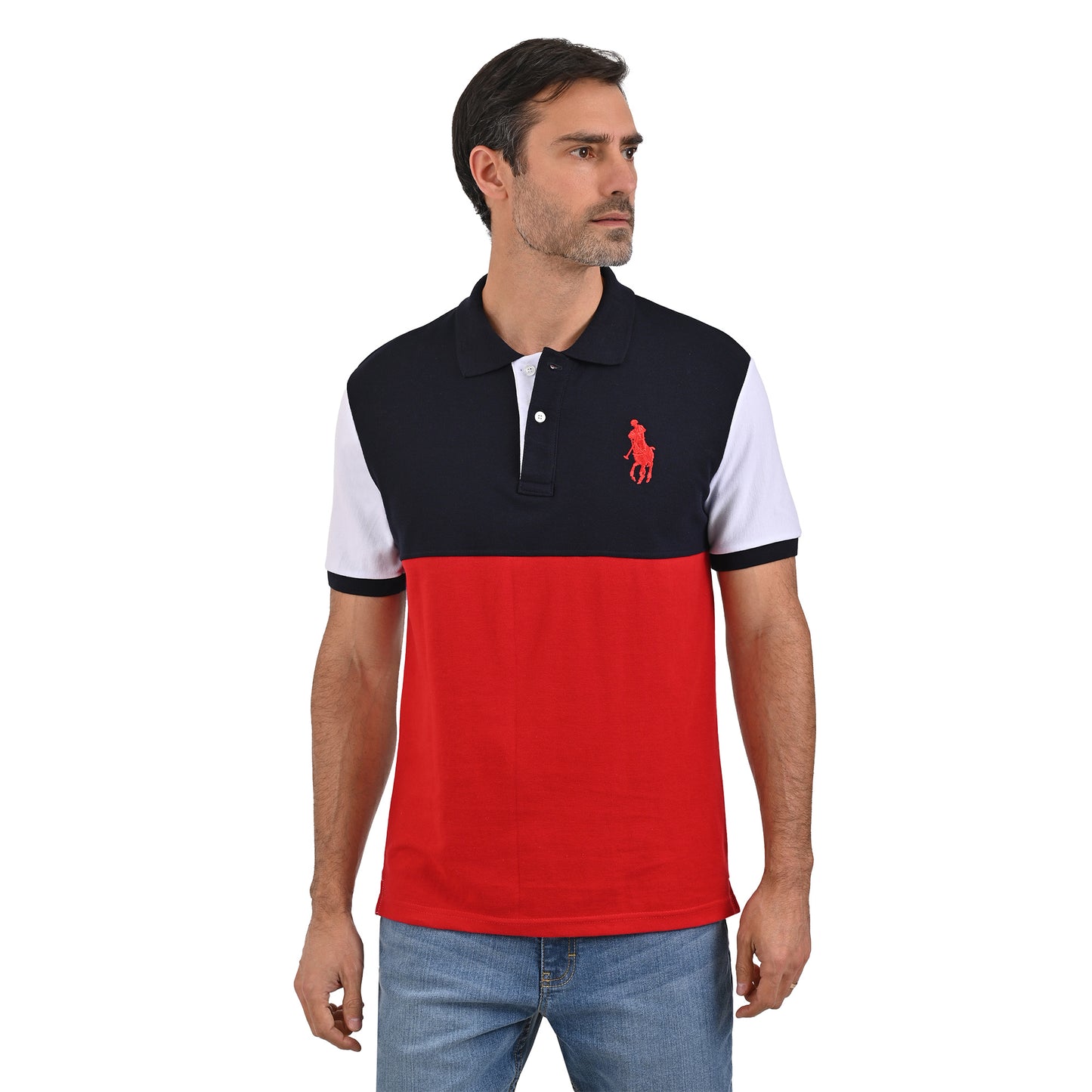 PLAYERA PIQUÉ POLO MODELAJE BLANCO, ROJO Y AZUL MARINO CABALLO HPC POLO