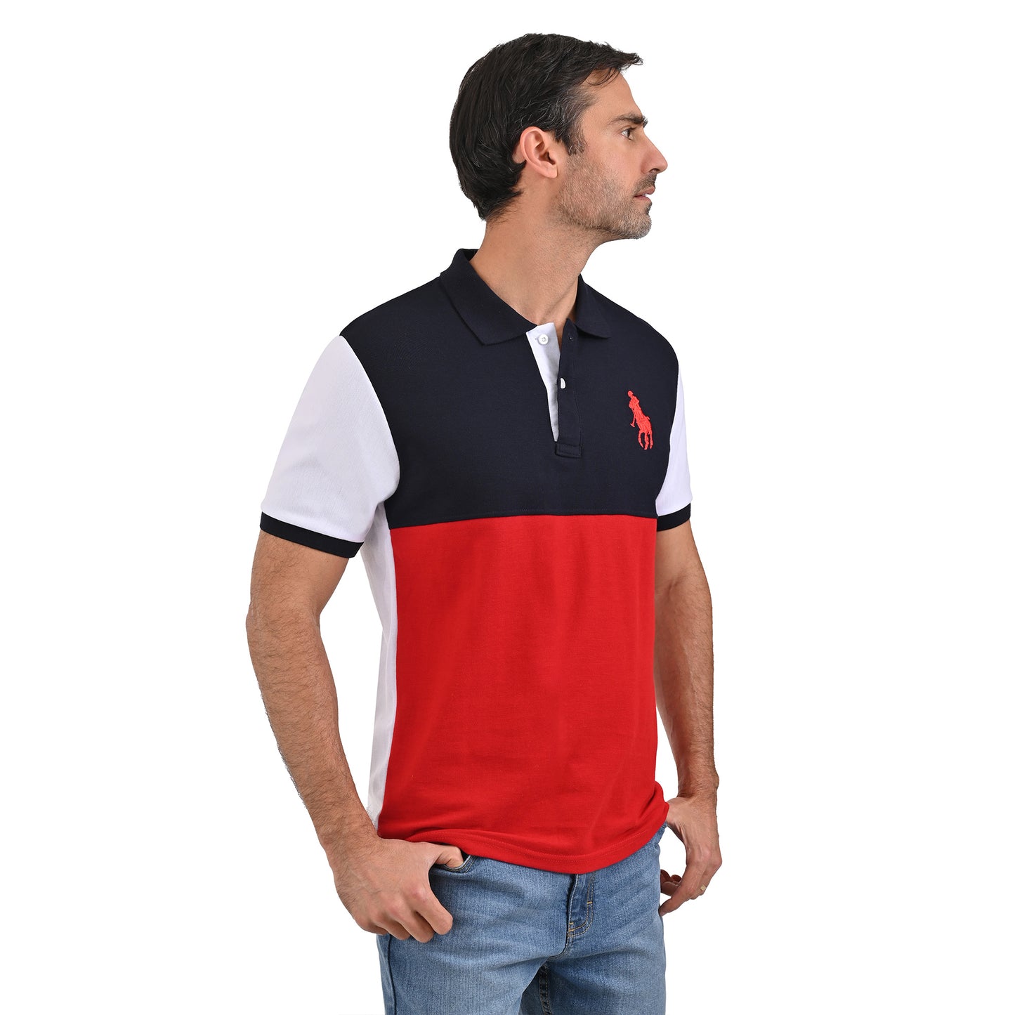 PLAYERA PIQUÉ POLO MODELAJE BLANCO, ROJO Y AZUL MARINO CABALLO HPC POLO