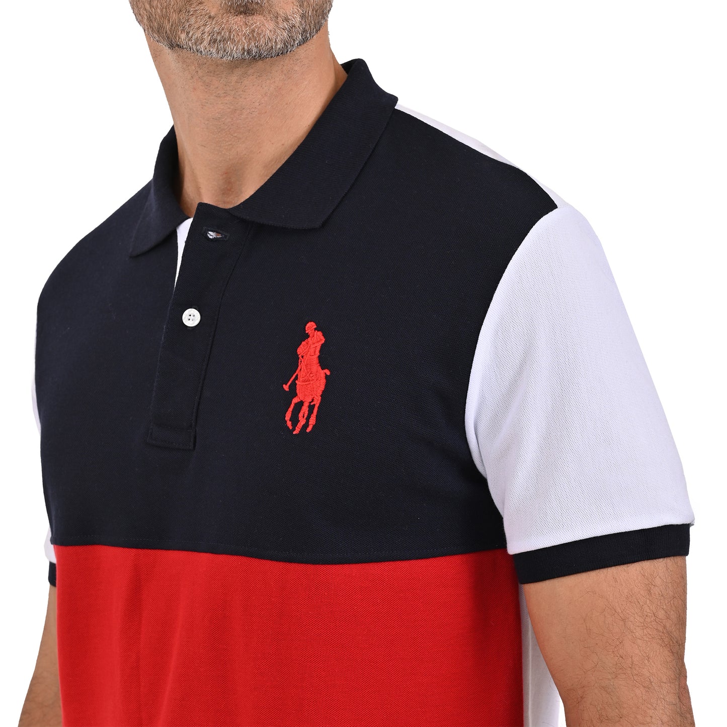 PLAYERA PIQUÉ POLO MODELAJE BLANCO, ROJO Y AZUL MARINO CABALLO HPC POLO