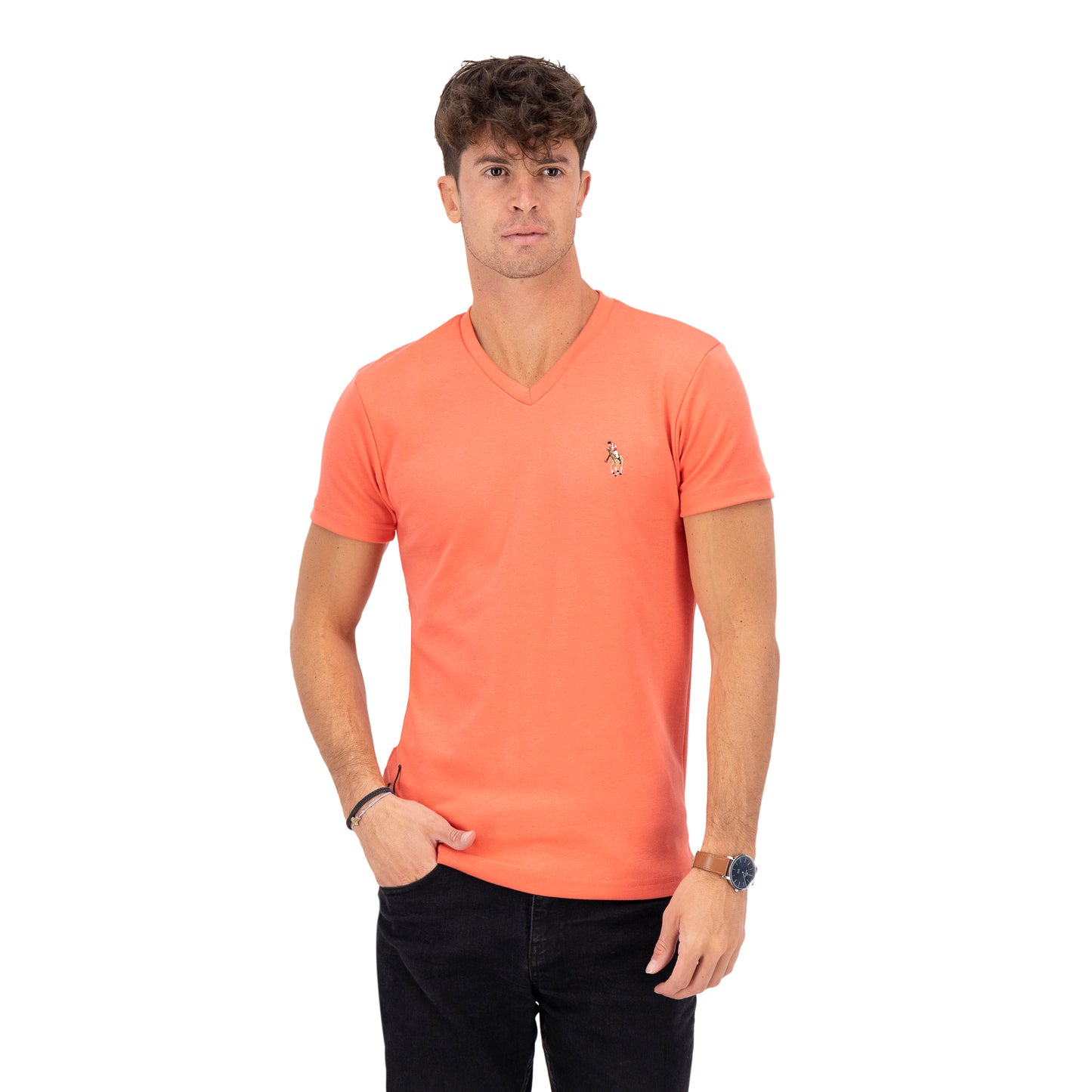 PLAYERA DE INTERLOCK CUELLO V CORAL LISO HPC POLO