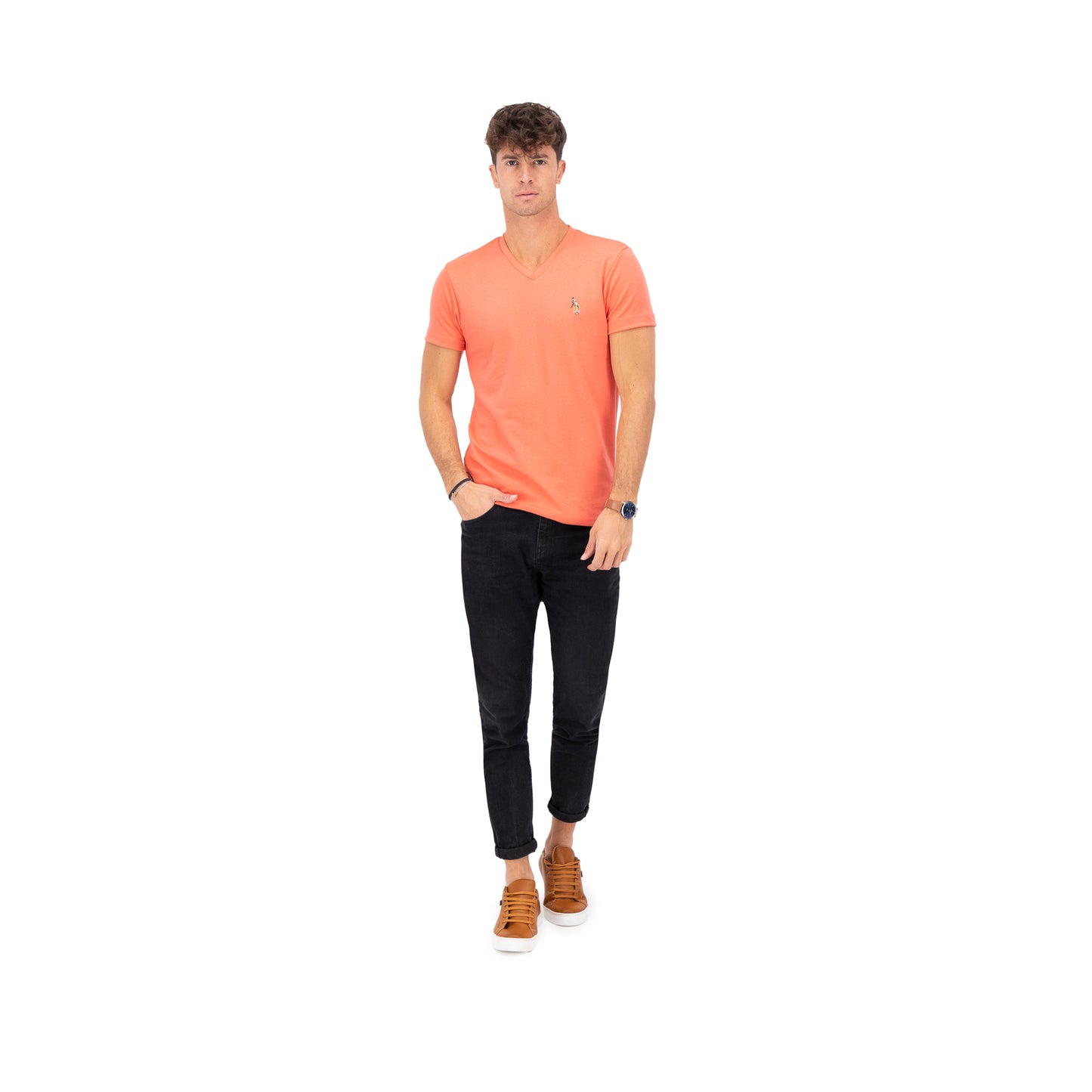 PLAYERA DE INTERLOCK CUELLO V CORAL LISO HPC POLO