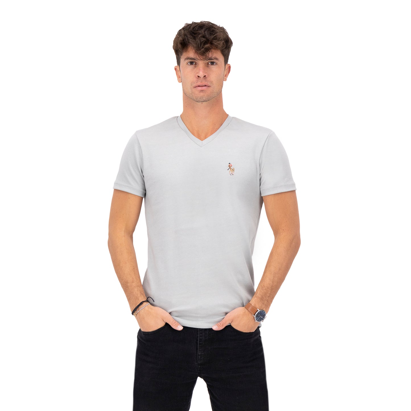 PLAYERA DE INTERLOCK CUELLO V GRIS LISO HPC POLO