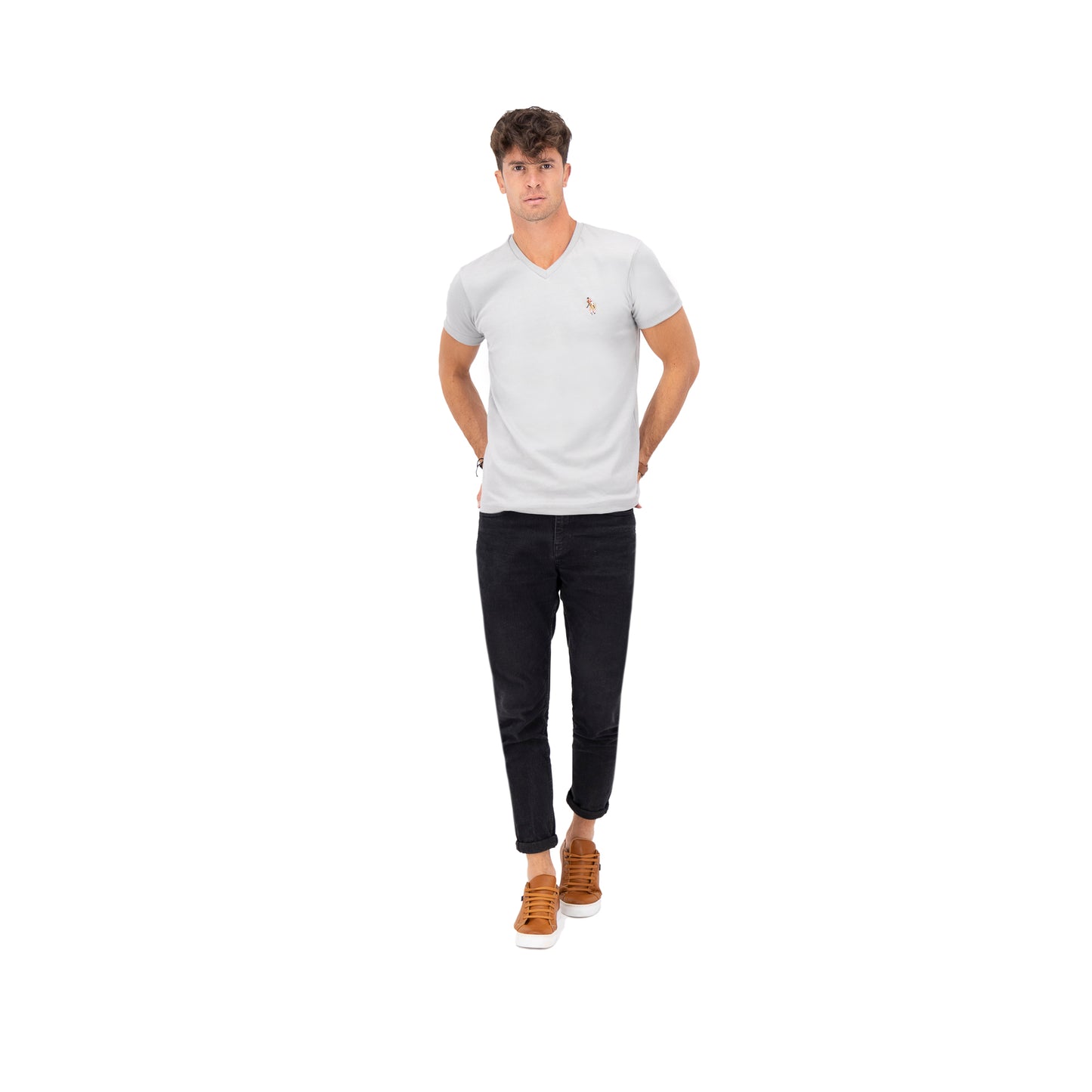 PLAYERA DE INTERLOCK CUELLO V GRIS LISO HPC POLO