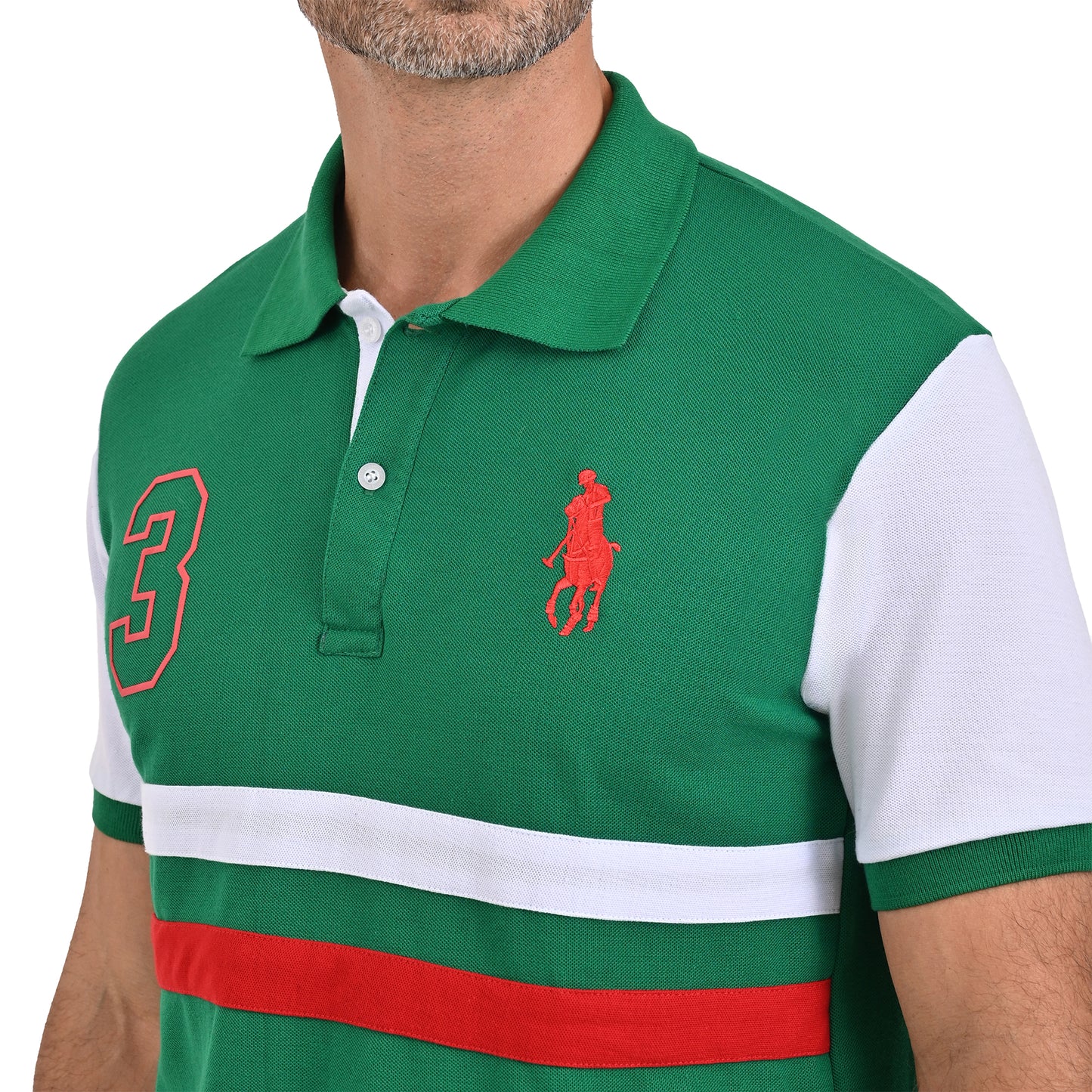 PLAYERA PIQUÉ POLO MODELAJE VERDE, BLANCO Y ROJO HPC POLO
