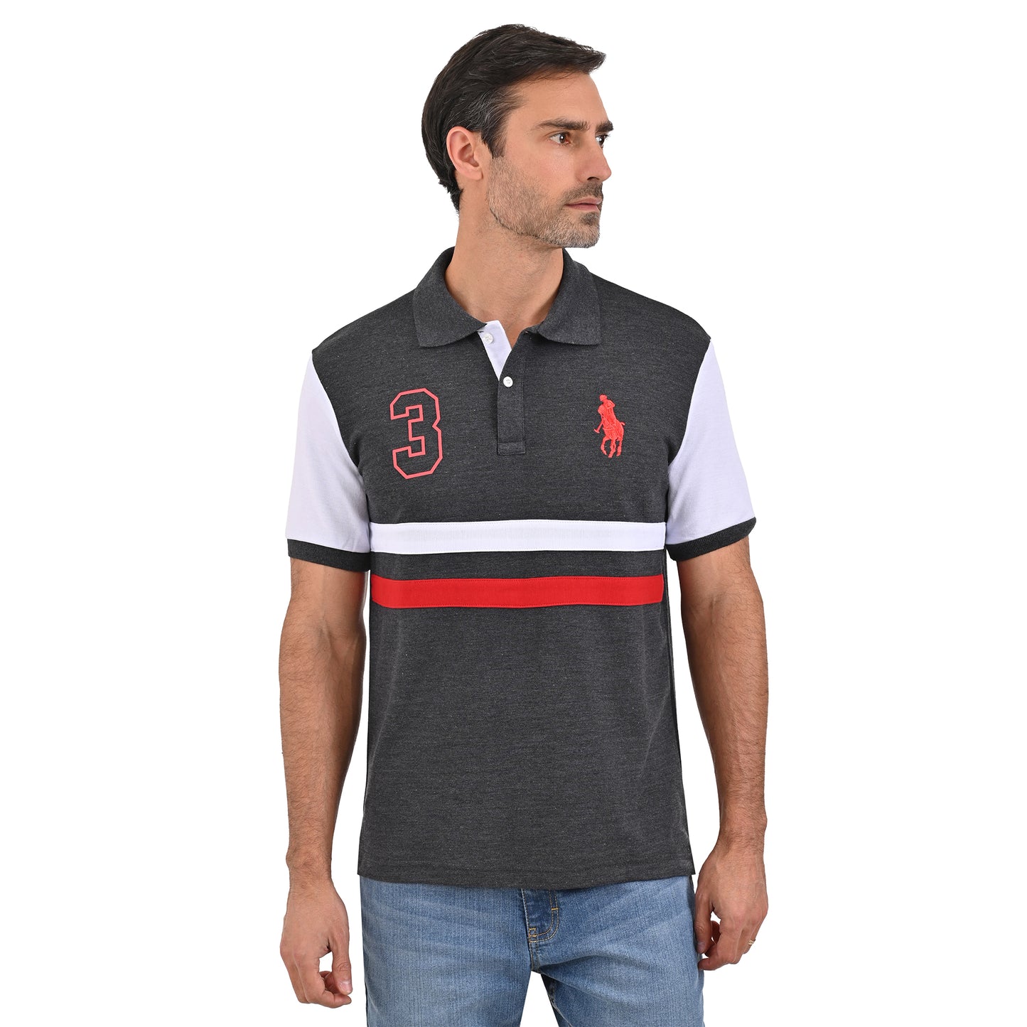 PLAYERA PIQUÉ POLO MODELAJE GRIS, BLANCO, ROJO CABALLO HPC POLO