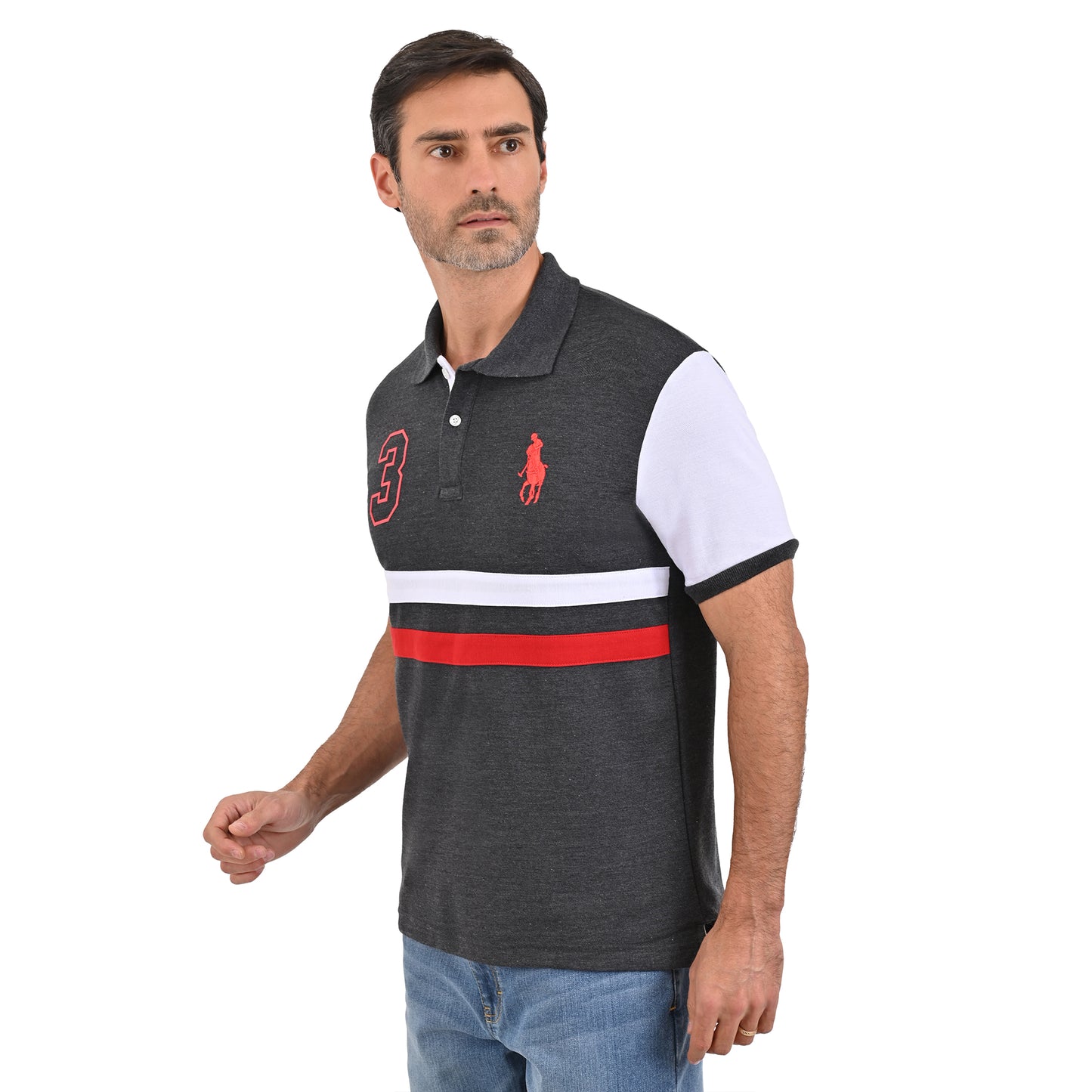 PLAYERA PIQUÉ POLO MODELAJE GRIS, BLANCO, ROJO CABALLO HPC POLO