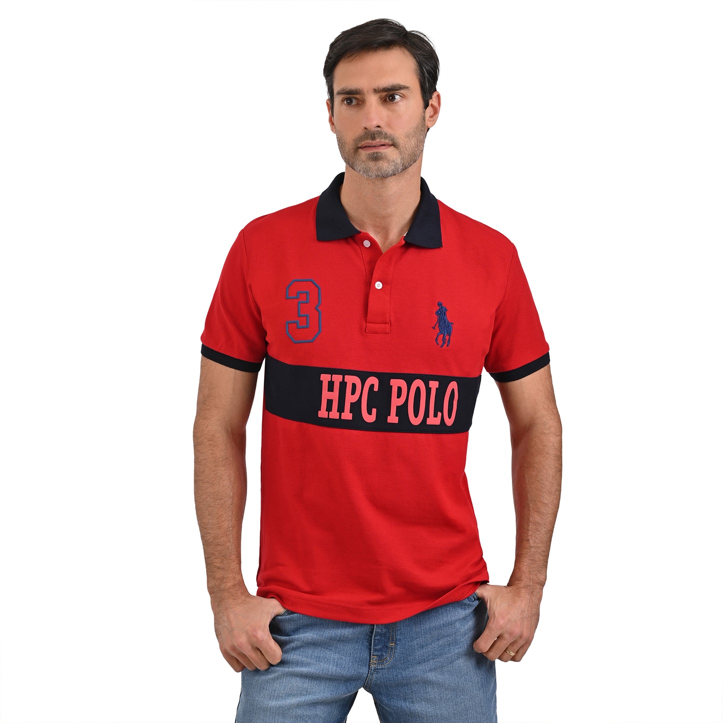 PLAYERA PIQUÉ POLO MODELAJE ROJO Y AZUL MARINO ESCUDO HPC POLO