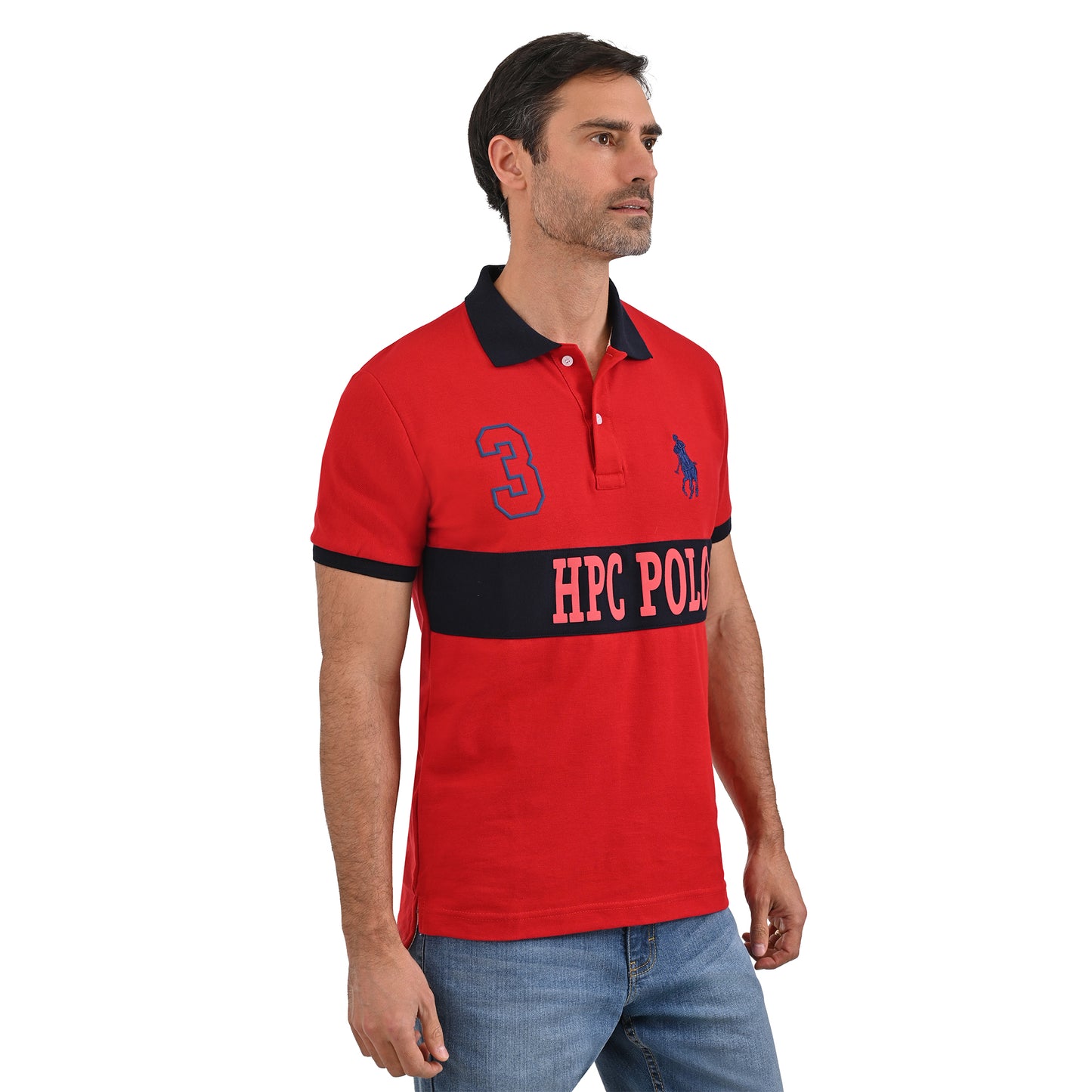 PLAYERA PIQUÉ POLO MODELAJE ROJO Y AZUL MARINO ESCUDO HPC POLO