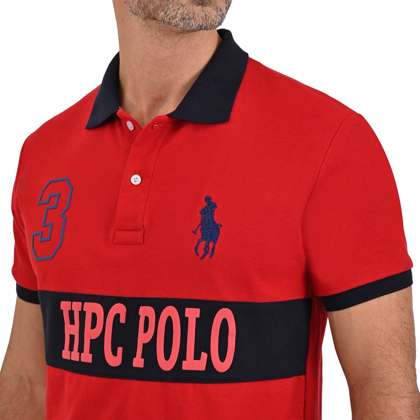 PLAYERA PIQUÉ POLO MODELAJE ROJO Y AZUL MARINO ESCUDO HPC POLO